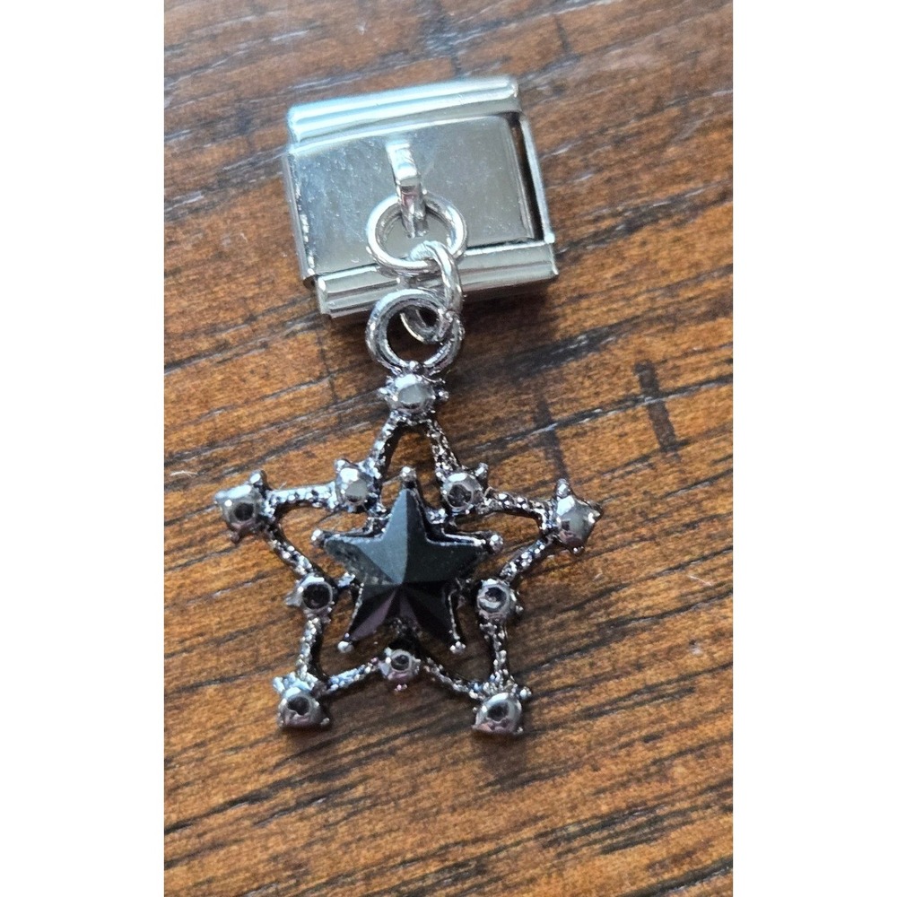 Stainless Steel Black Dangle Star Italian Charm Link for 9mm Bracelet Silver